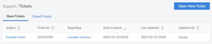 Screenshot of the Support Tickets page in the Cloud Manager Screenshot of the Support Tickets page in the Cloud Manager